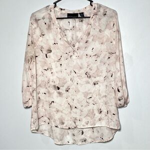 Cynthia Rowley Abstract Floral Blouse Women XS Pink V-Neck Hi Low Hem 3/4 Sleeve